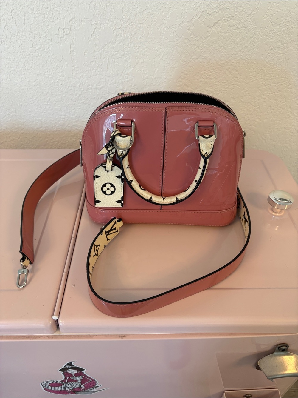 Louis Vuitton Rose Pink Vernis Alma BB with Monogram Strap